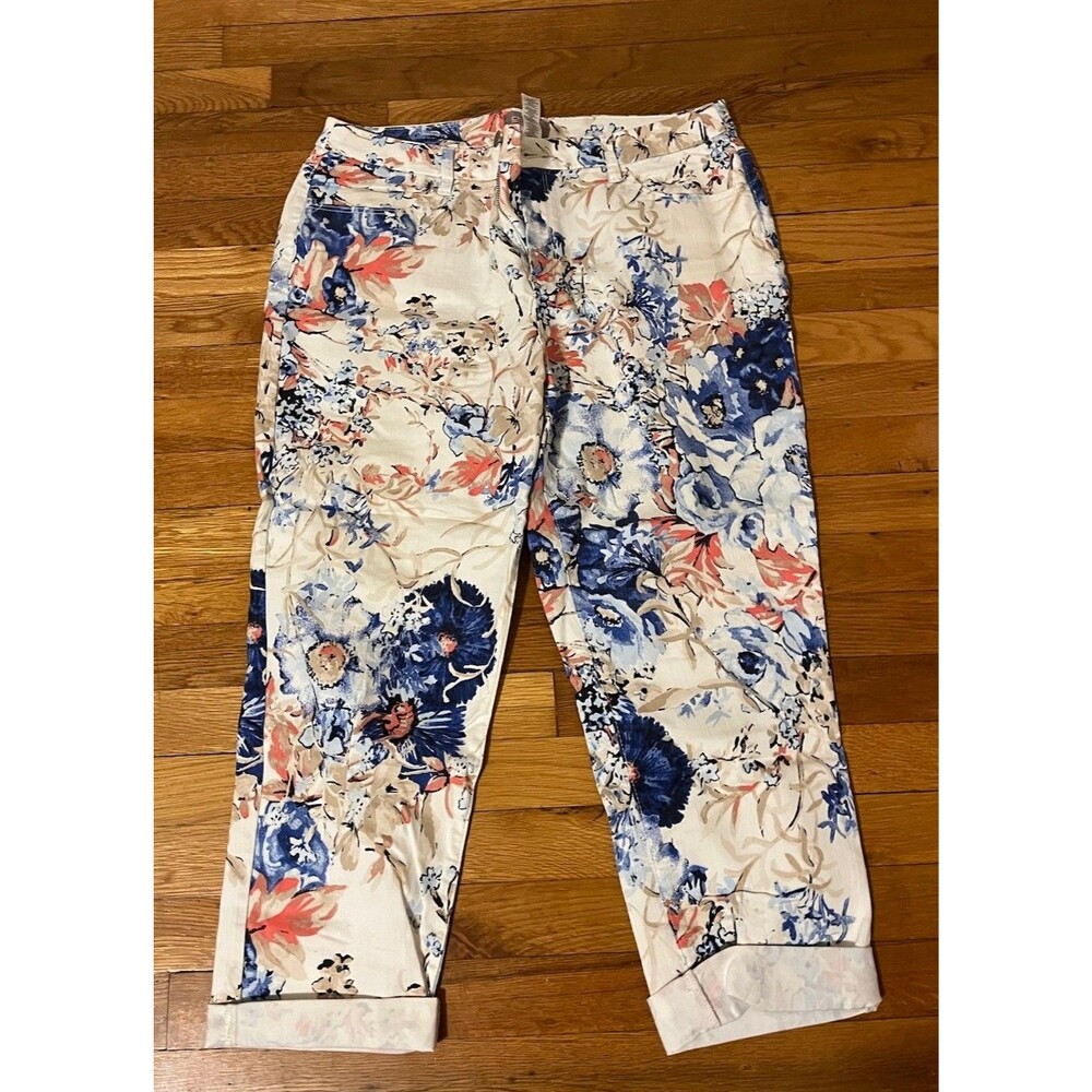 Chico's Women's Floral Ankle Skinny Denim Pants Slim Fit Pockets Button Zip